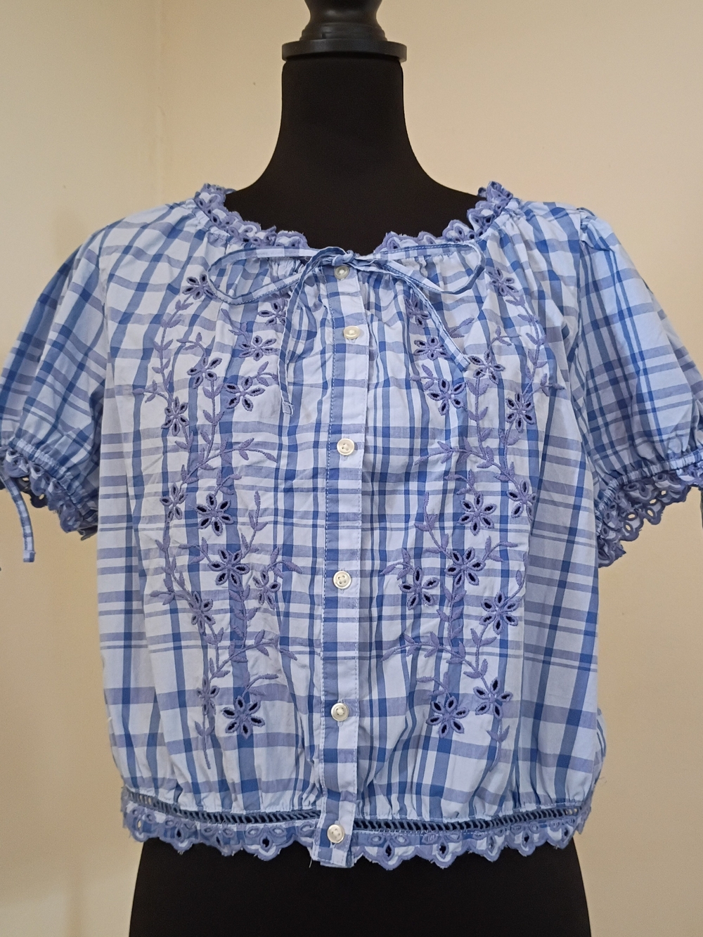 Free Assembly Embroidered Plaid Crop Top Blue & White Size 12-14